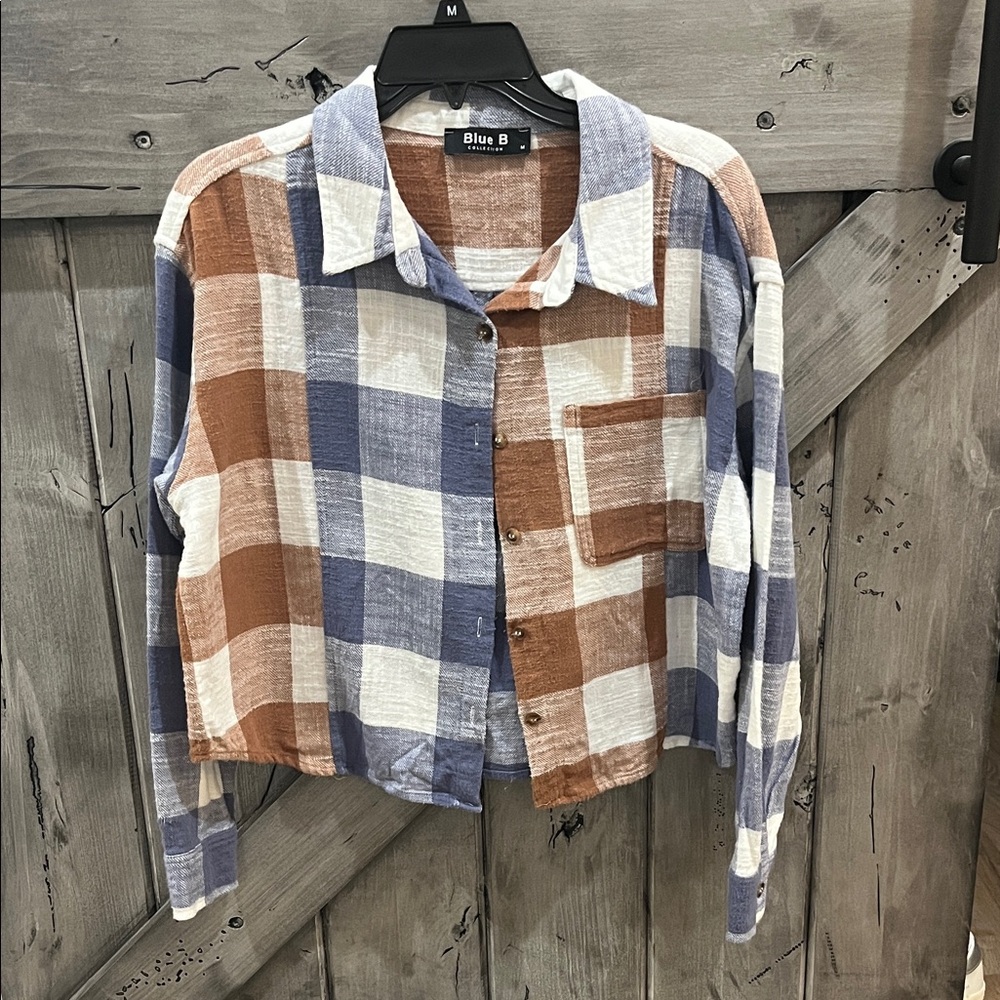 Blue B Women's Plaid Button-Up Top - Brown, Blue, and White